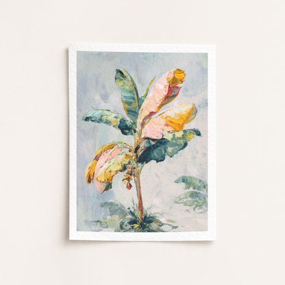 Framed watercolor painting of a tropical plant with pink and yellow flowers on a light background banana tree date tree