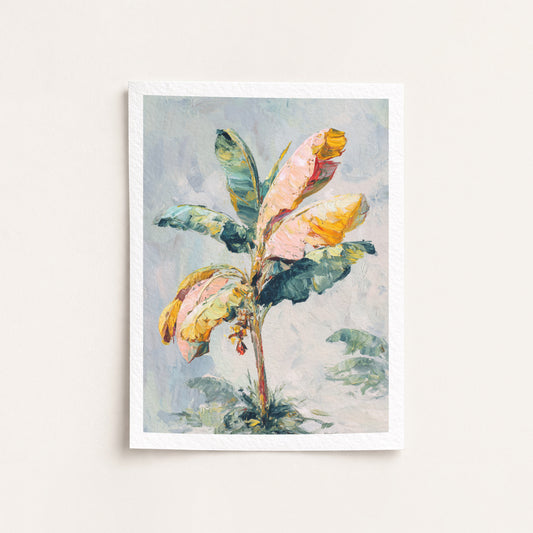 Framed watercolor painting of a tropical plant with pink and yellow flowers on a light background banana tree date tree
