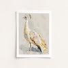 Framed artwork of a peacock on a beige background