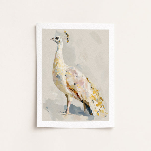 Framed artwork of a peacock on a beige background