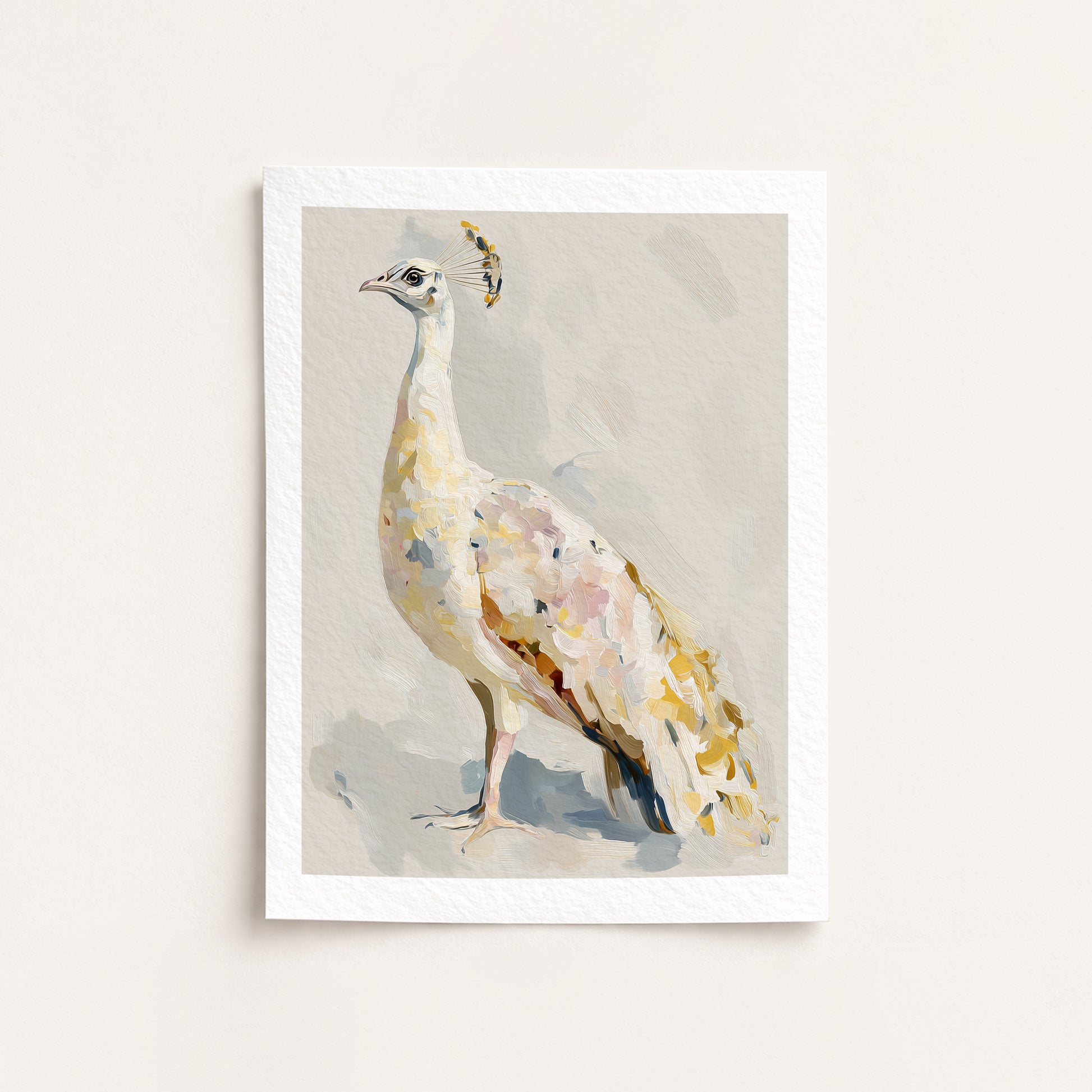 Framed artwork of a peacock on a beige background