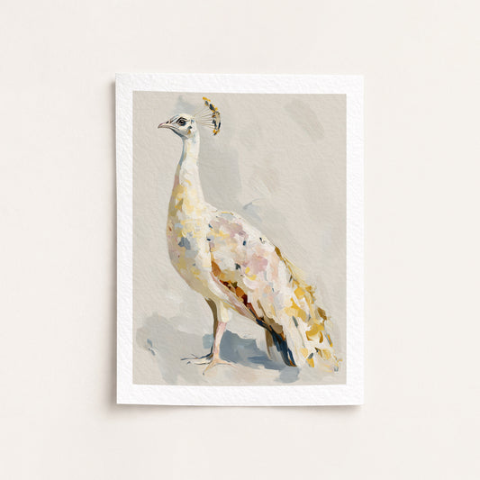 Framed artwork of a peacock on a beige background