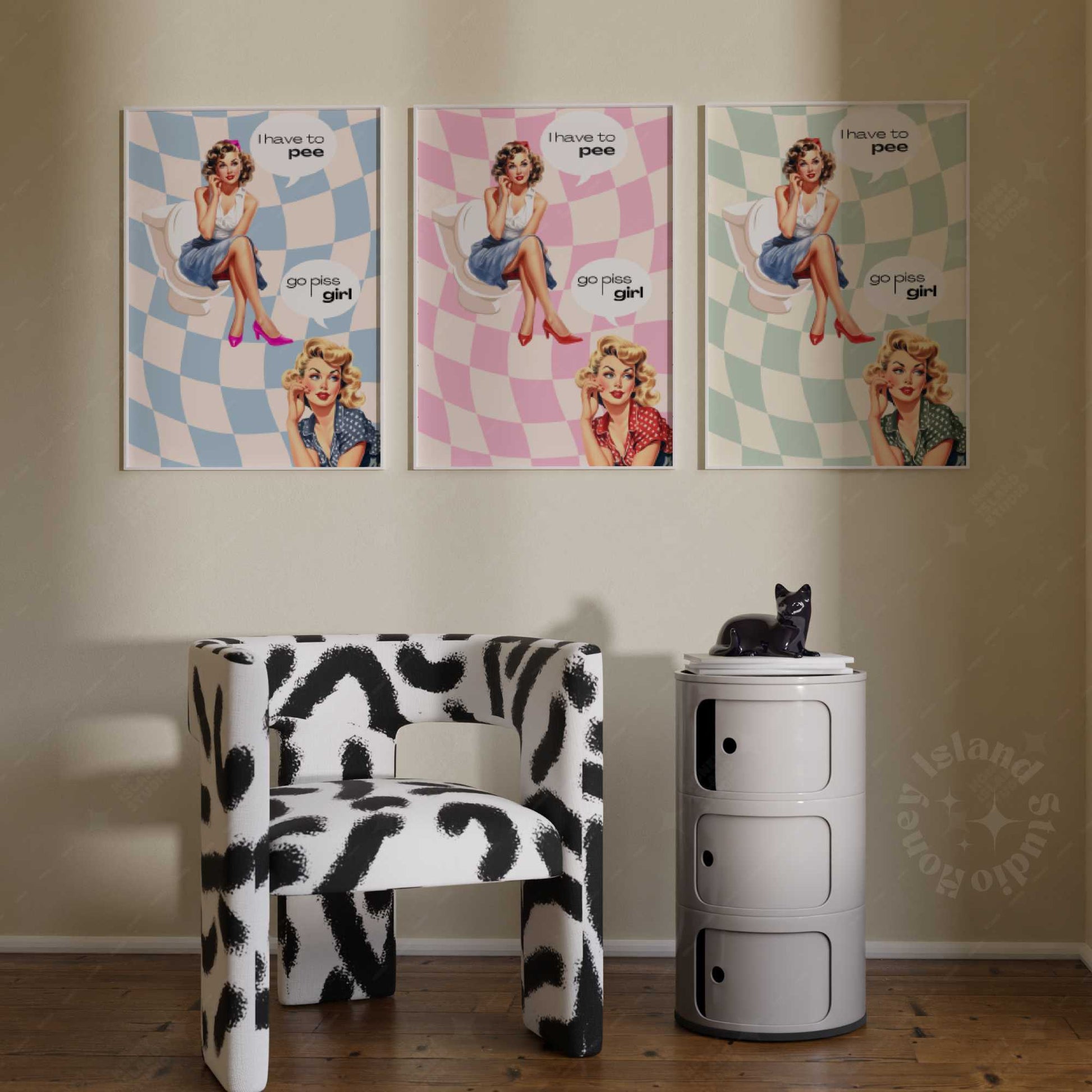 3 posters framed on the wall that says i need to pee, go piss girl, cute pin up girls,blue, pink, sage green by honey island studio