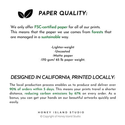 Information about FSC-certified paper and local production by Honey Island Studio.