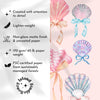 Product details of seashell and bow designs with sustainability information on a light background.