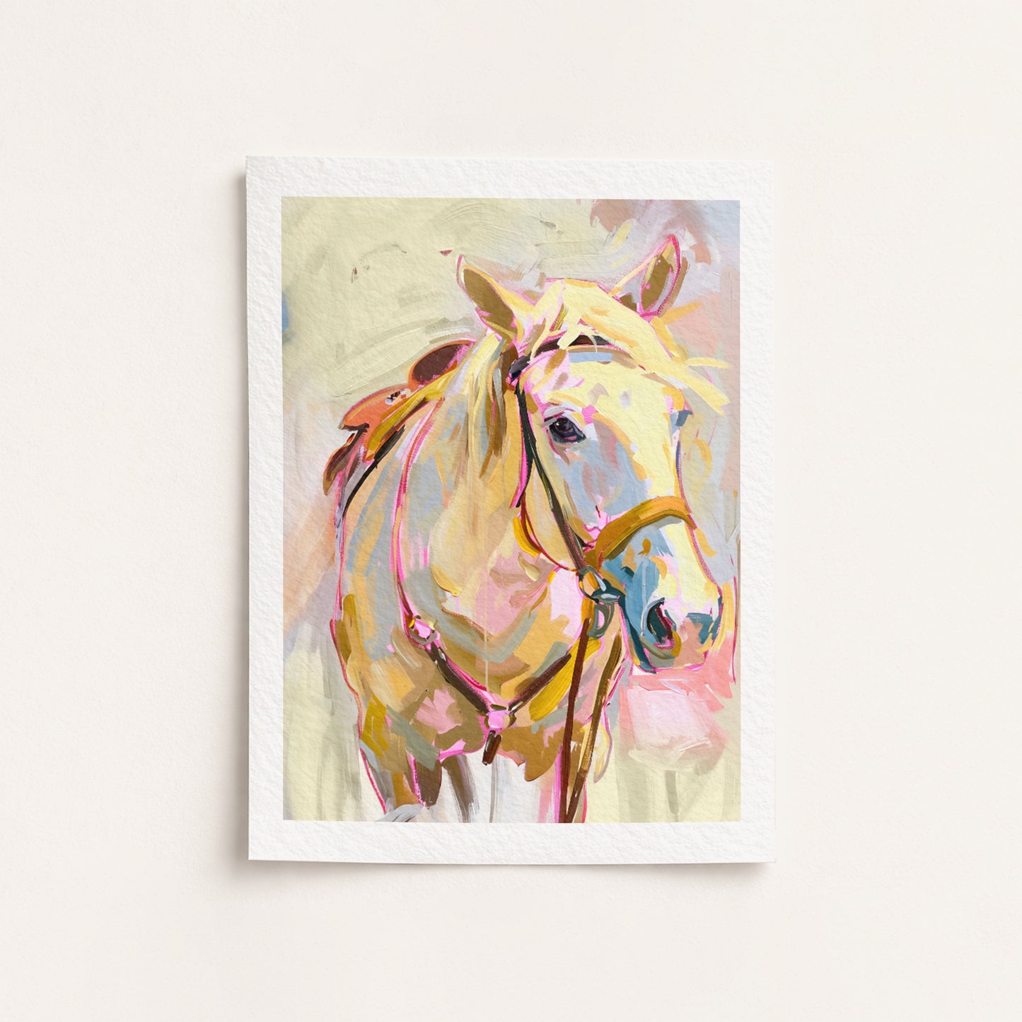 Fine Art Giclee painting of a horse with a colorful abstract design on a light background