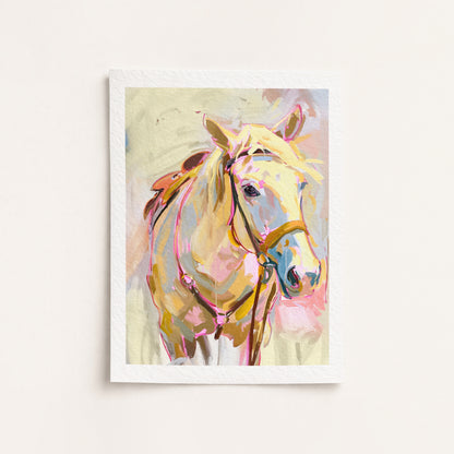Fine Art Giclee painting of a horse with a colorful abstract design on a light background