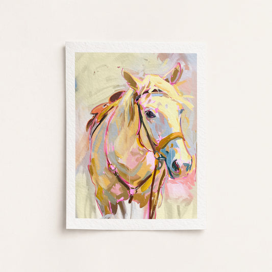 Fine Art Giclee painting of a horse with a colorful abstract design on a light background