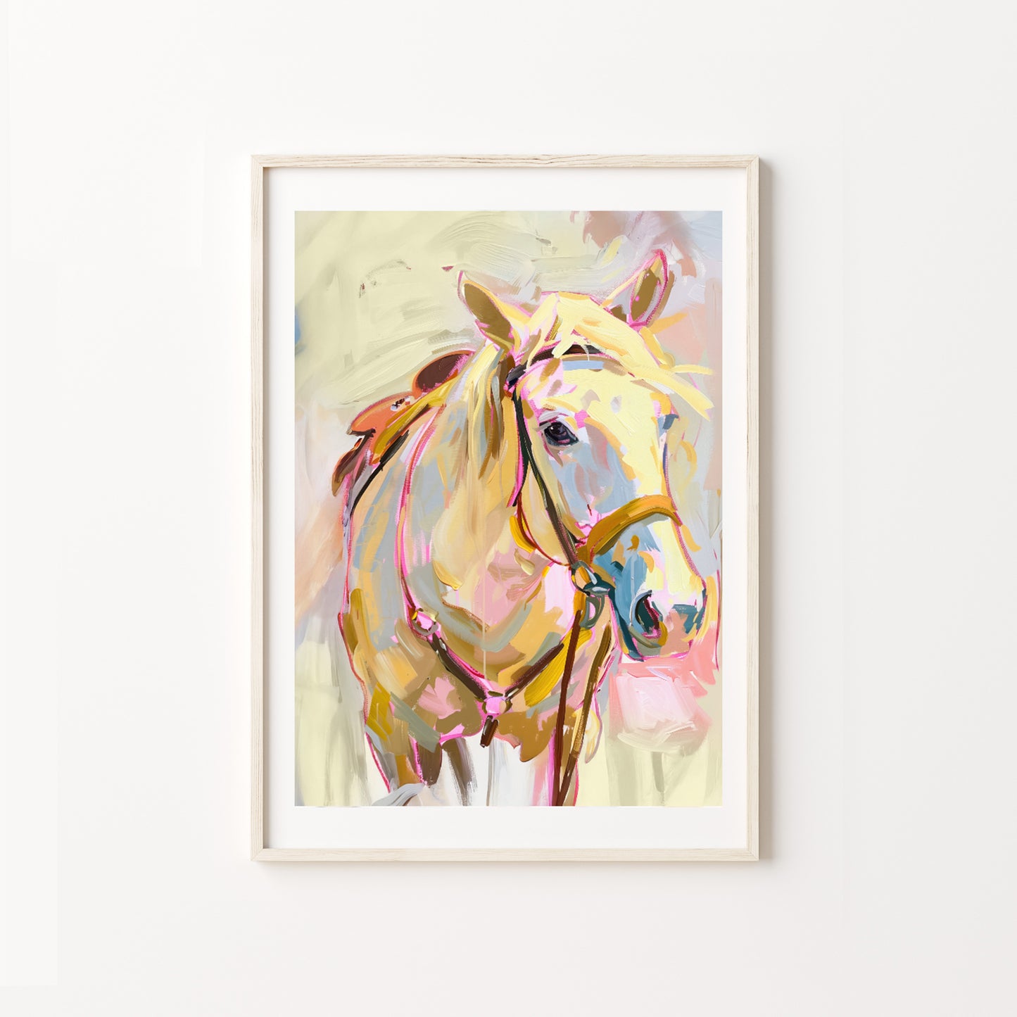 Framed painting of a horse with pastel colors on a white wall