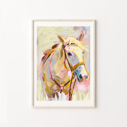 Framed painting of a horse with pastel colors on a white wall