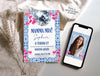 Invitation card for a Mamma Mia Themed birthday party with disco ball, Bougainvillea flowers and mediterranean tile