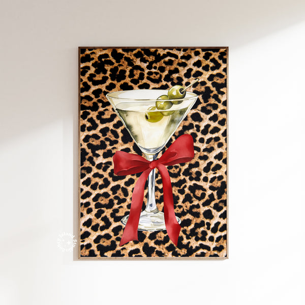 Martini Cocktail Glass with Bow Leopard Red Aesthetic Print