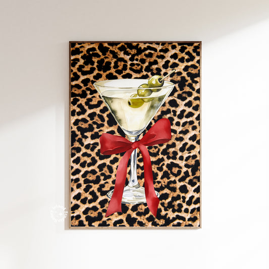 Martini Cocktail Glass with Bow Leopard Red Aesthetic Print