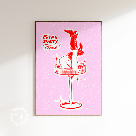 Martini extra dirty please cowgirl poster, bar cart decor, pink red wall art, preppy dorm decor
