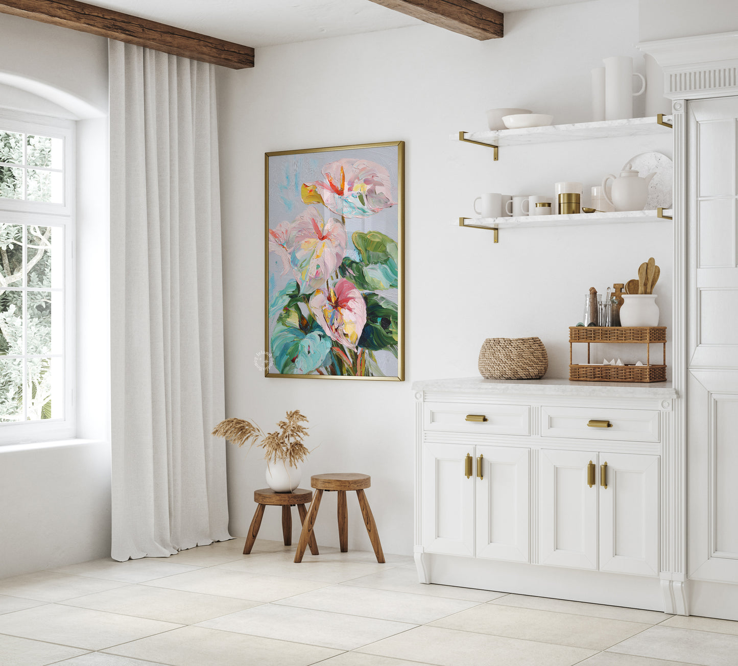 Modern kitchen with white cabinets, a floral painting on the wall, and decorative items.