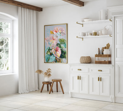 Modern kitchen with white cabinets, a floral painting on the wall, and decorative items.