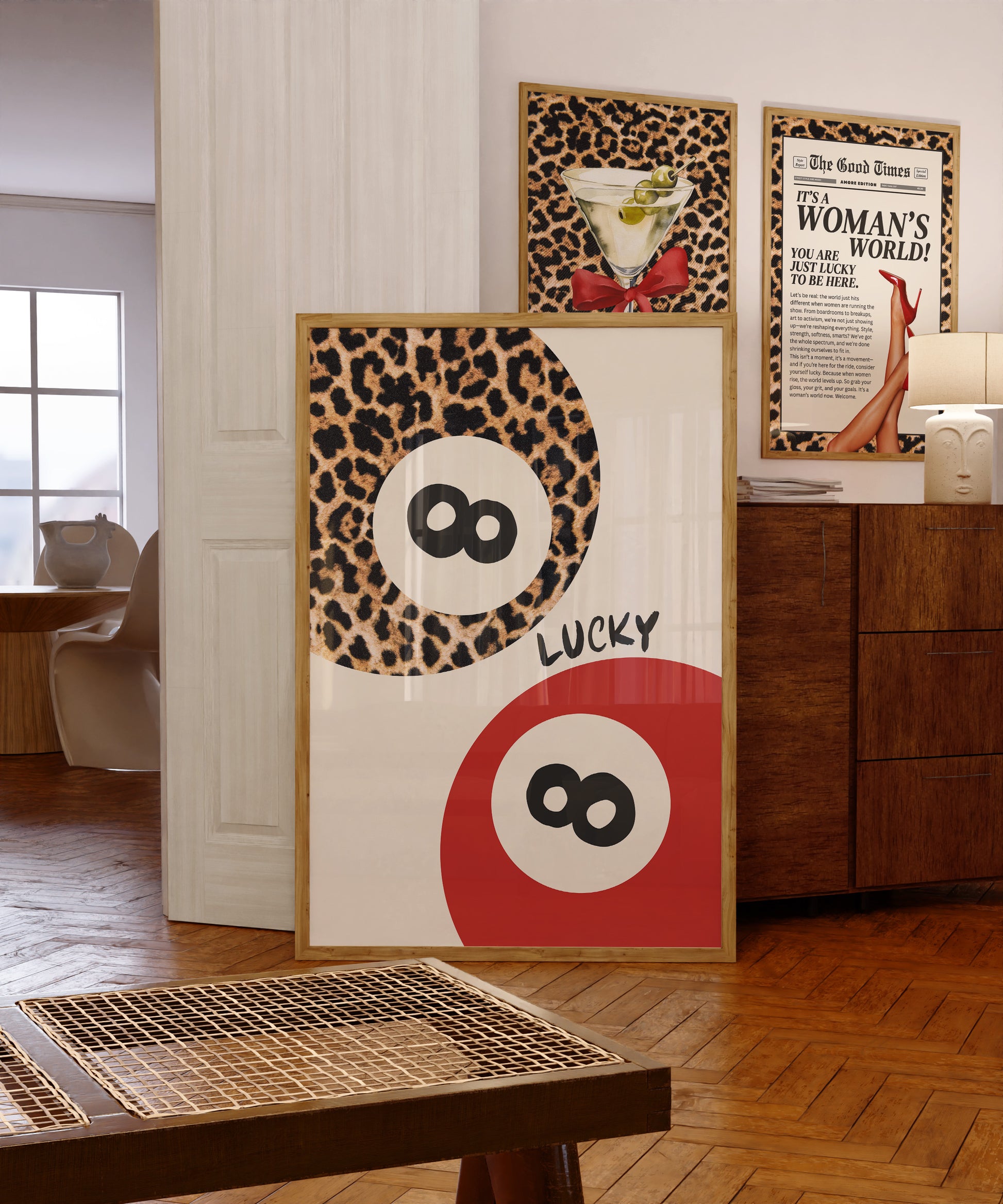 Trendy Lucky Print, 8 Ball Leopard Red Aesthetic Poster