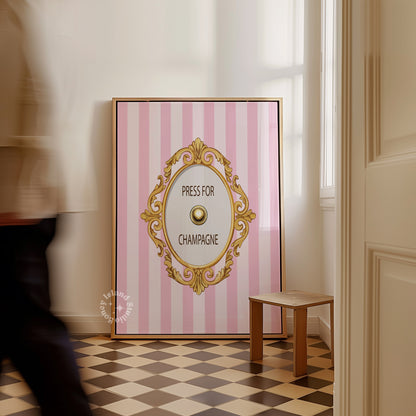 Decorative wall art with pink and white striped background and gold frame in a room.