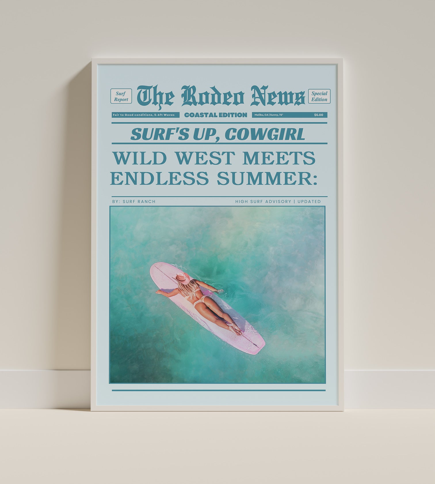 Coastal Cowgirl Wall Art – Retro Newspaper Print in Blue Tones