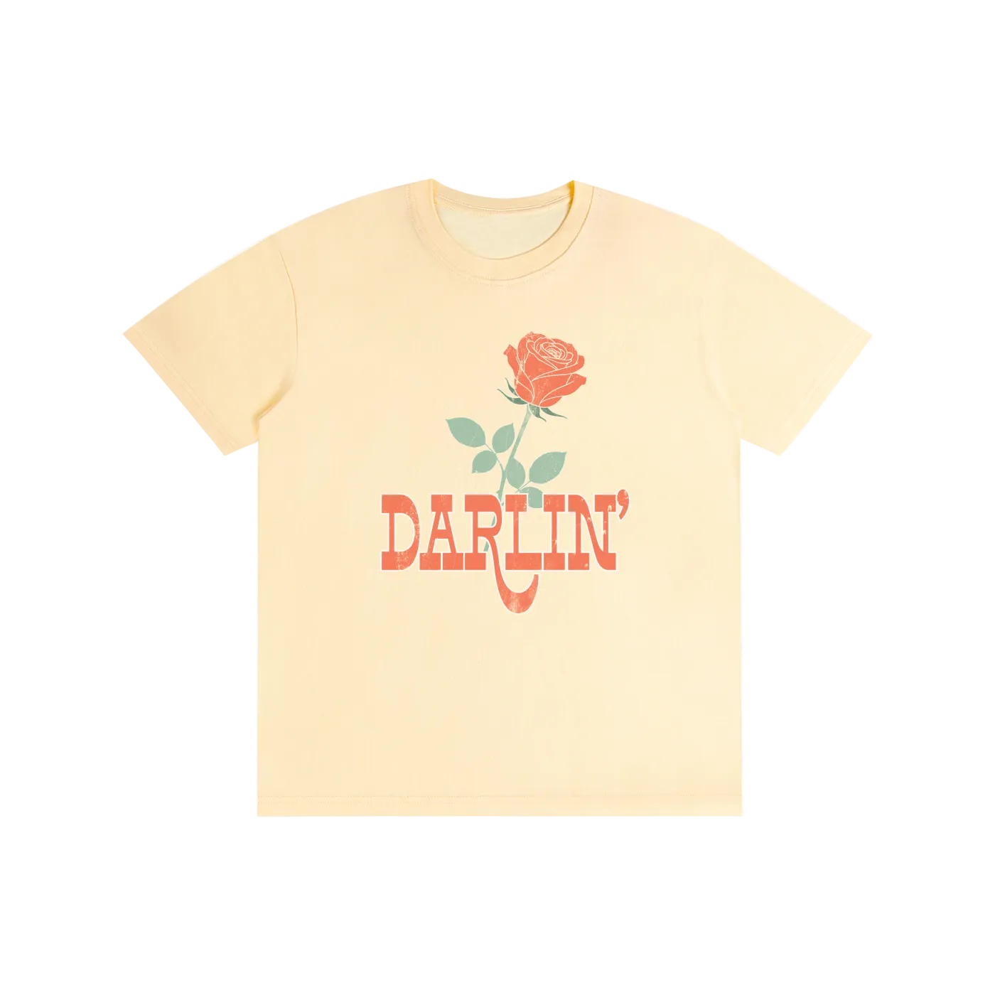 Yellow t-shirt with a red rose and 'Darlin' text on a white background