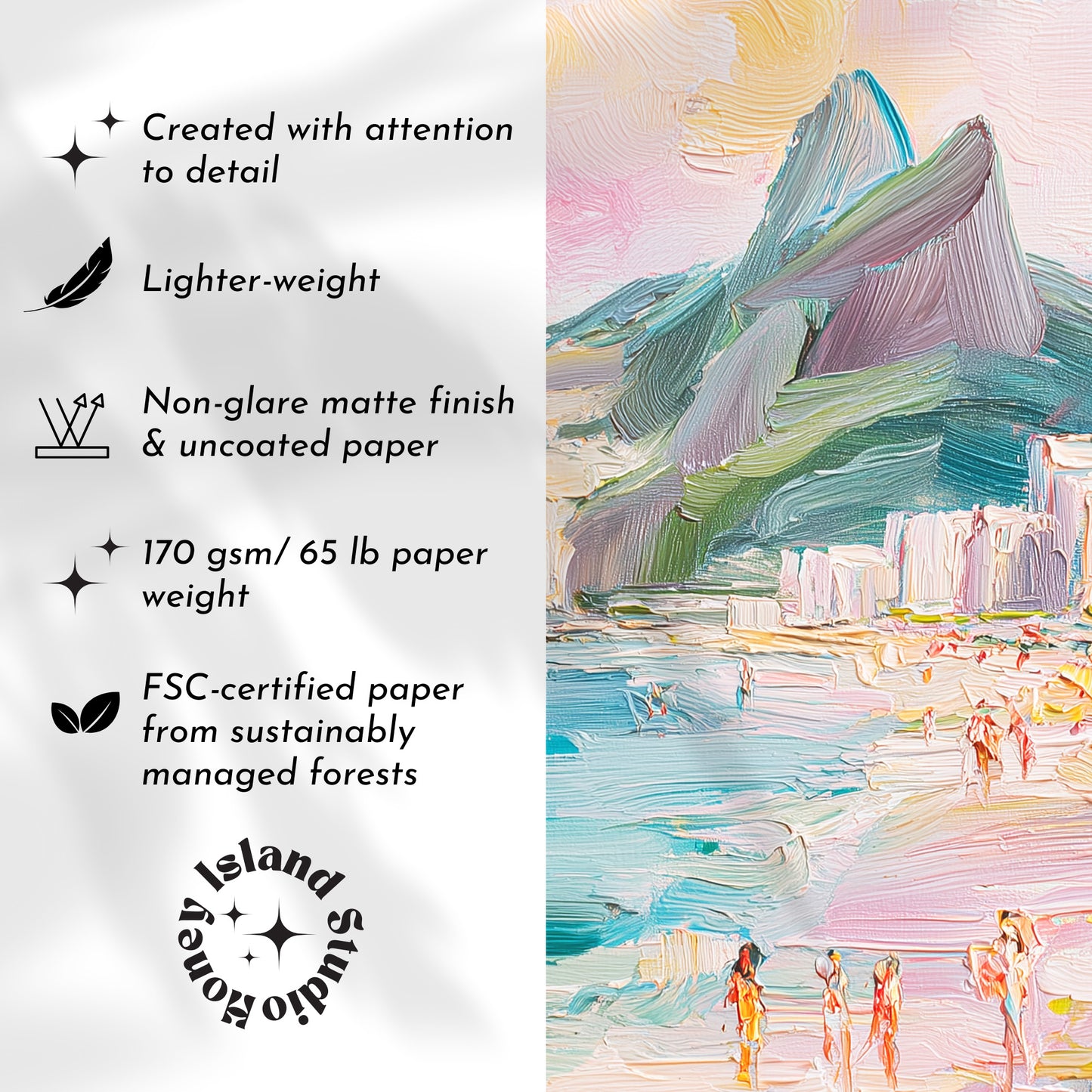 Artistic depiction of a beach scene with people and mountains, featuring text about paper quality and FSC certification.