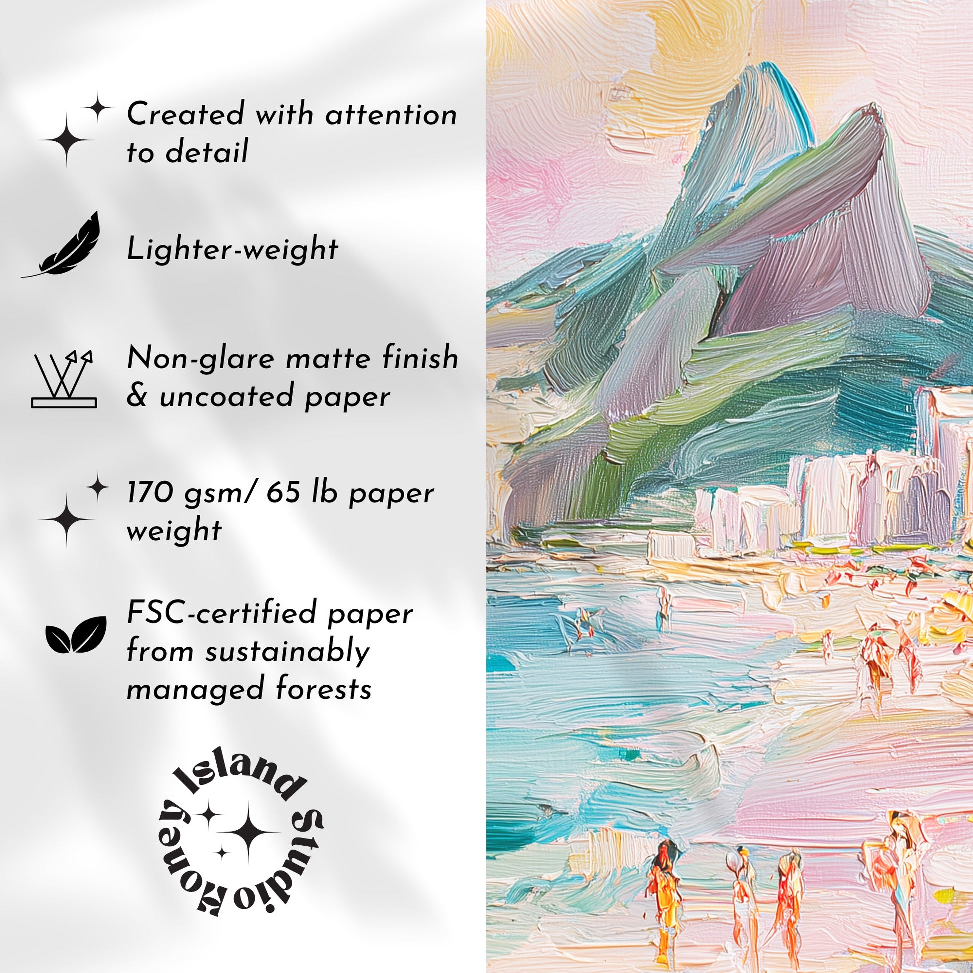 Artistic depiction of a beach scene with people and mountains, featuring text about paper quality and FSC certification.