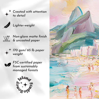 Artistic depiction of a beach scene with people and mountains, featuring text about paper quality and FSC certification.