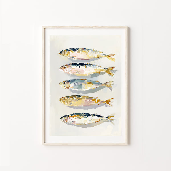 Framed artwork of four stylized sardines on a white background
