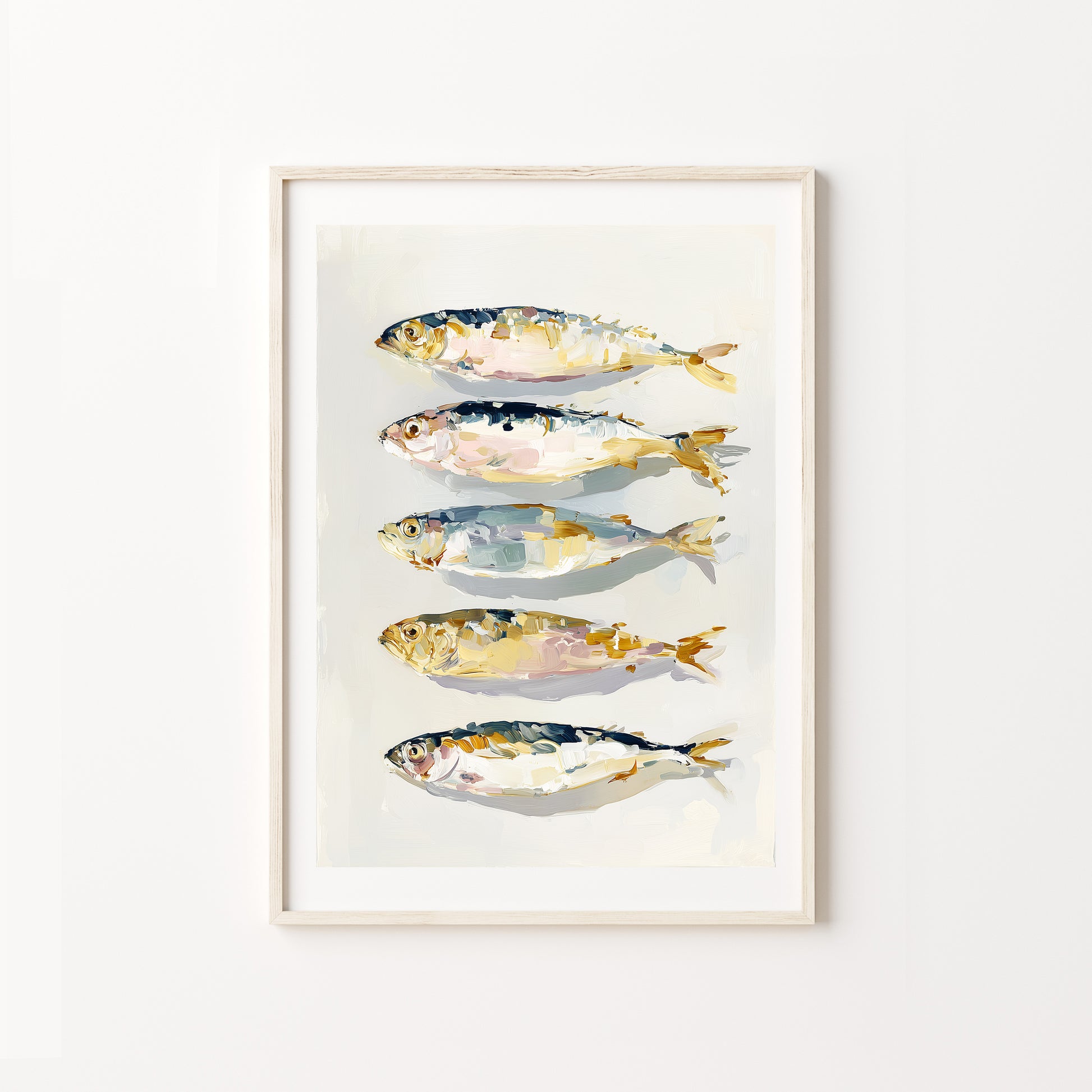 Framed artwork of four stylized sardines on a white background