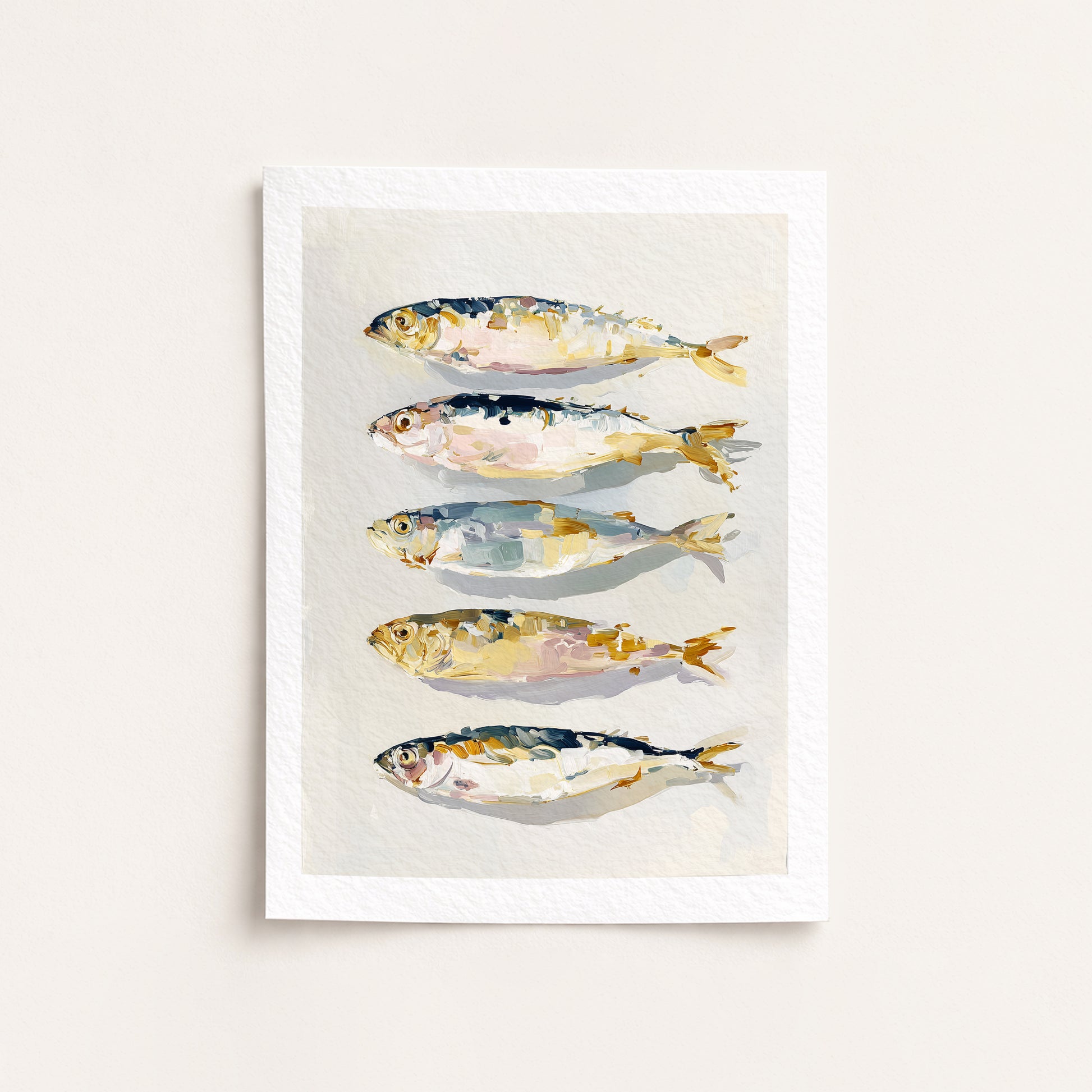 Framed artwork of four stylized fish illustrations on a light background