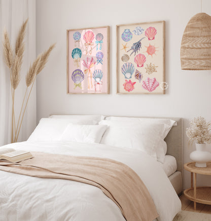 bedroom decorated with two wall art frames featuring coastal  coquette seashells, pink beige warm tones.