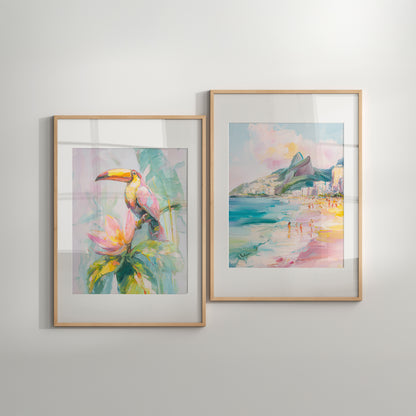 Two framed artworks on a wall, one with a tropical scene and the other with a beach view.
