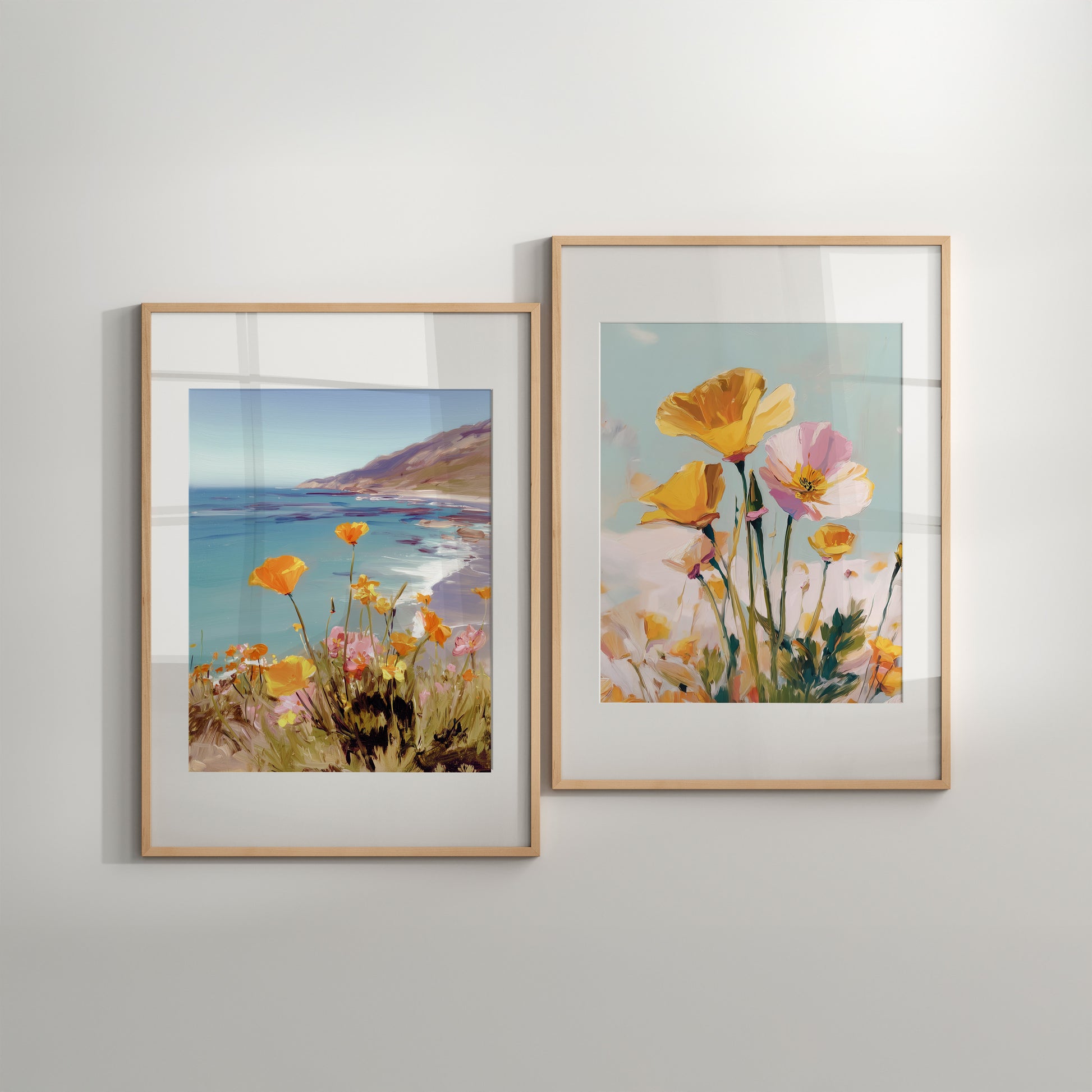 Two framed prints of floral scenes on a wall.