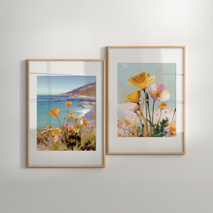 Two framed prints of floral scenes on a wall.