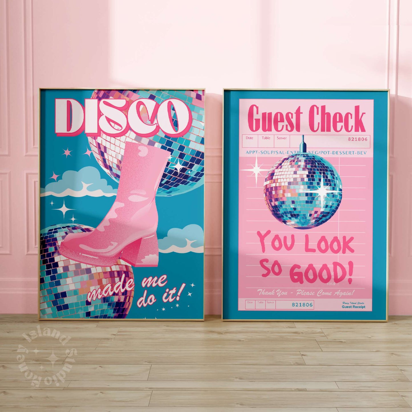 Guest Check Disco + Disco Kicks Pink Blue Poster - Set of 2 Bundle