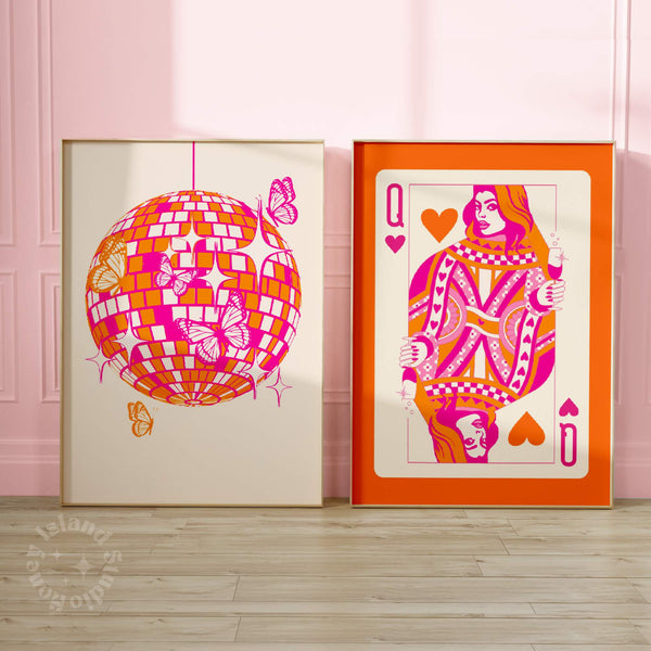 Disco + Queen of Hearts Pink Orange Set of 2 Posters