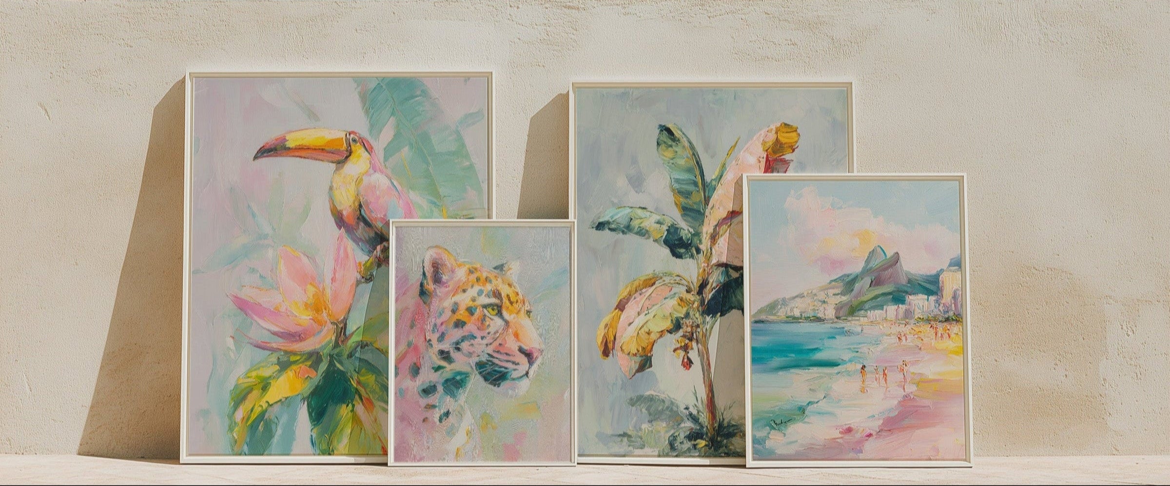gallery wall art with tropicla paintings