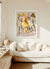 Colorful horse painting on a wall above a white sofa in a bright room.
