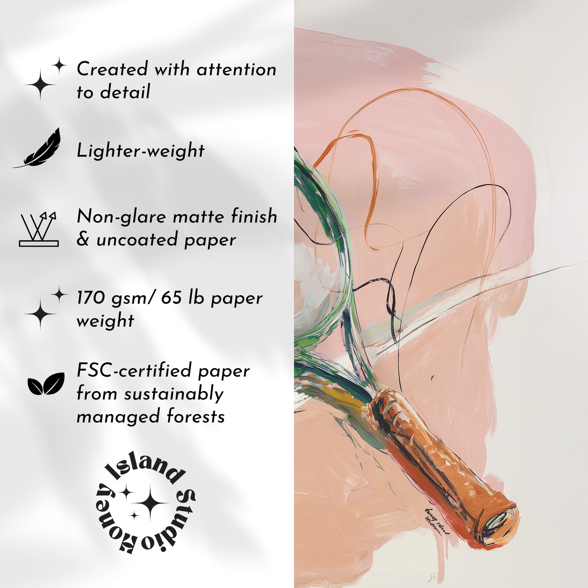 Product packaging with sustainability details and a drawing of a glass bottle.