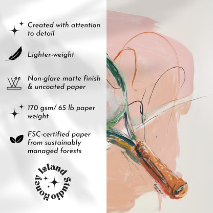 Product packaging with sustainability details and a drawing of a glass bottle.