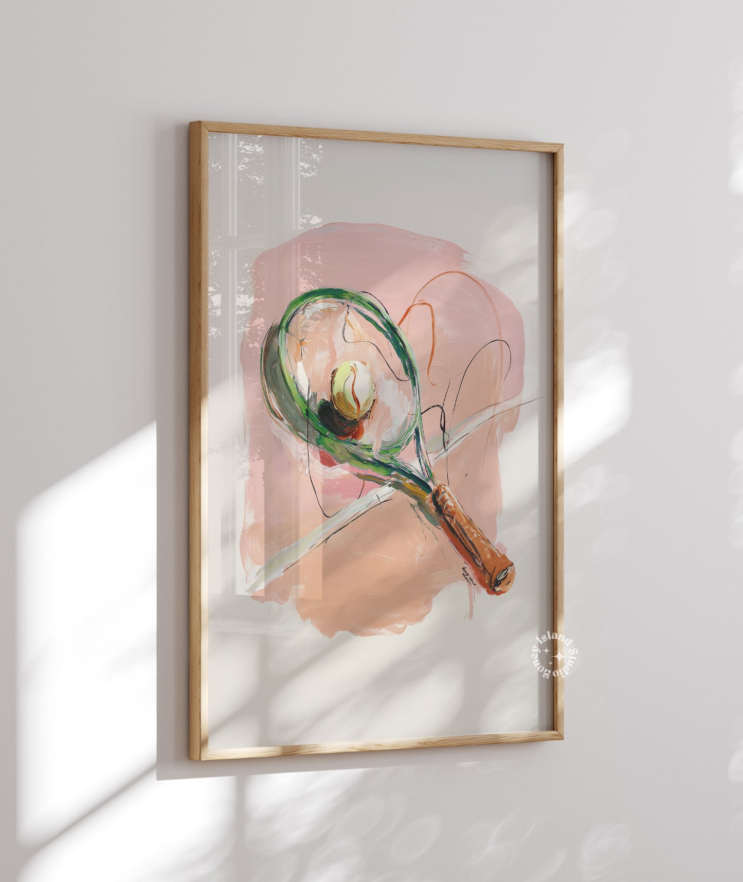 Framed artwork of a tennis racket with abstract design on a light background
