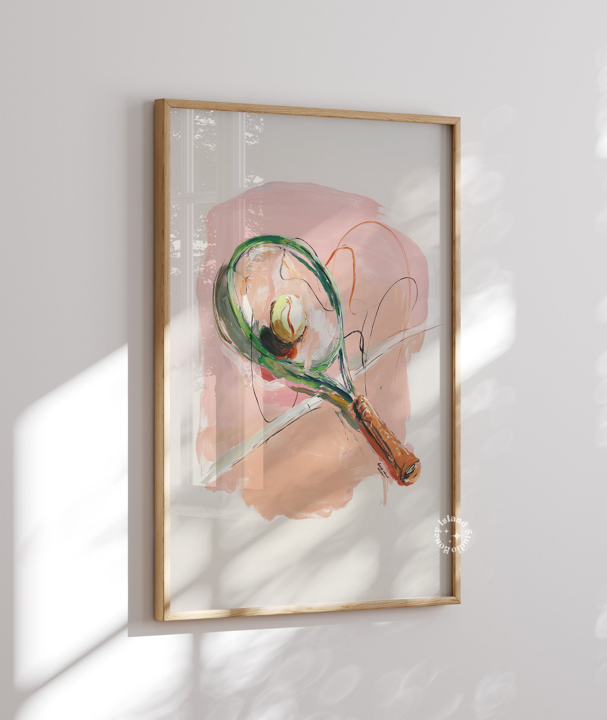 Framed artwork of a tennis racket with abstract design on a light background
