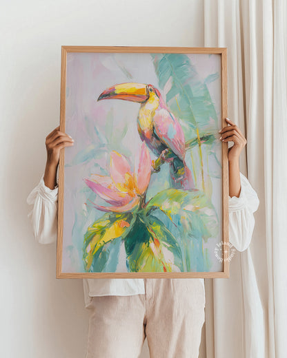 Person holding a framed painting of a toucan and tropical flowers.