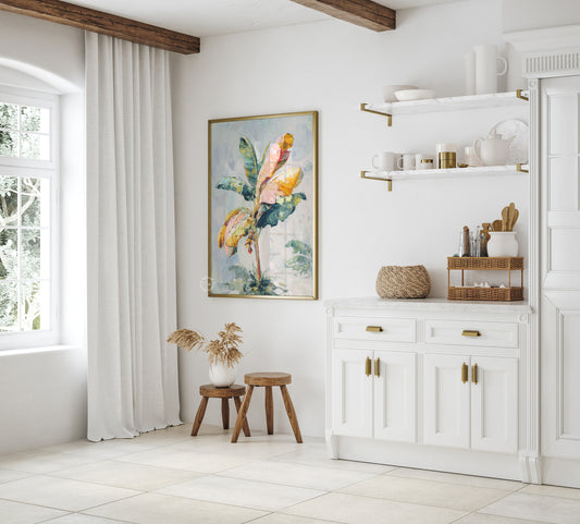 Modern kitchen interior with white cabinetry, decorative painting, and wooden accents.