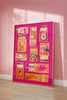 Collection of vintage matchbooks in a decorative frame against a pink wall.