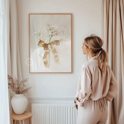 Woman standing in a room with a framed artwork on the wall, a vase with plants on a small table, and beige curtains.