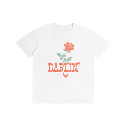 White t-shirt with a red rose and 'Darlin'' text on a white background